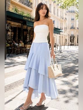 Banana Republic Cascade Poplin High Low Ruffle Maxi Skirt Ice Blue Size 14